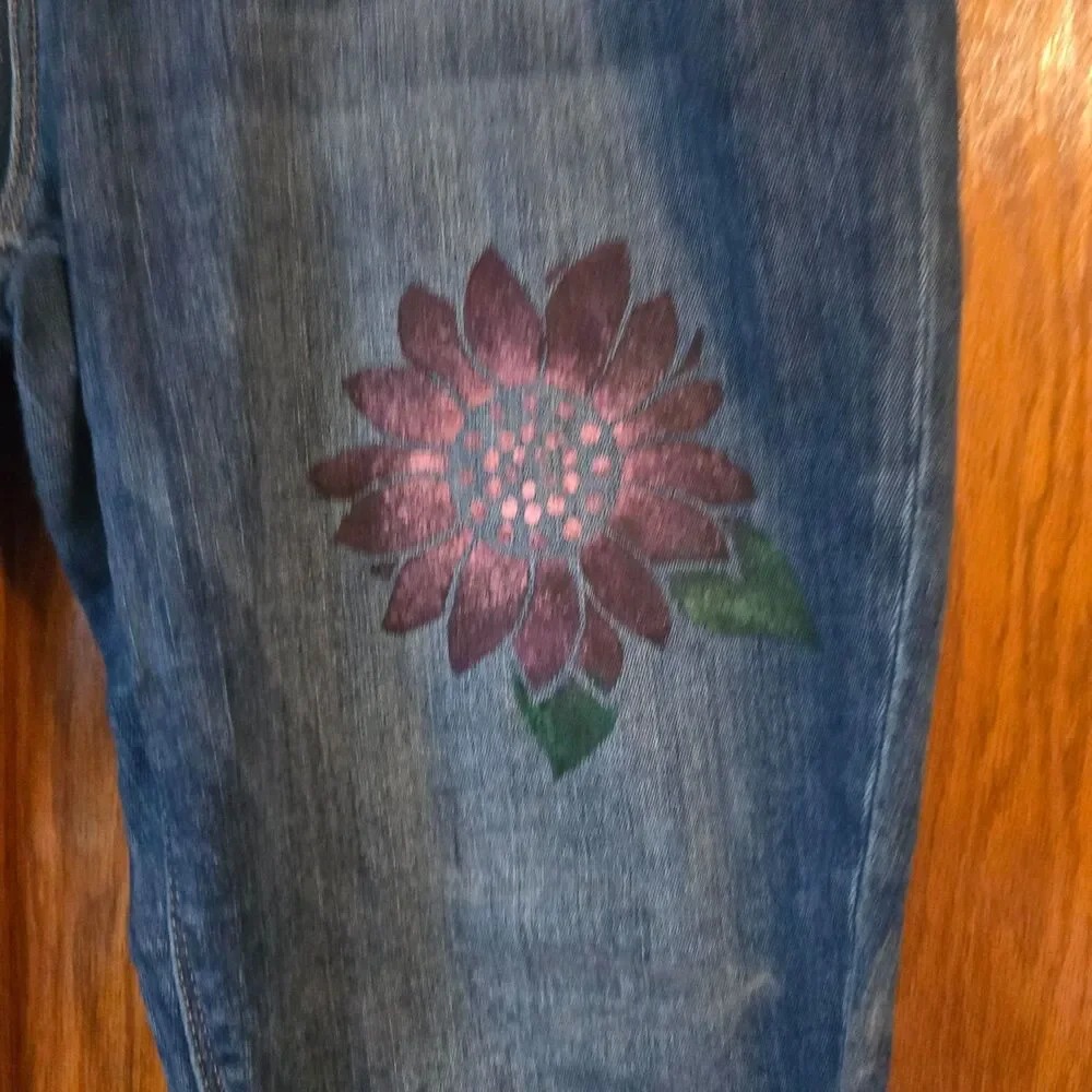 HANDCRAFTED Upcycled Denim Jeans HANDPAINTED Floral Boho Casual Bottoms Size 10